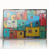 Mid-century modernist style acrylic print of an abstract African landscape in earth tones, ideal for modern art wall decor.