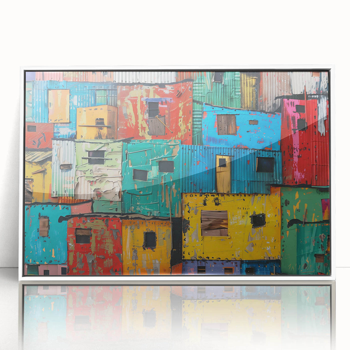 Art deco style poster featuring a vibrant African landscape on white-framed acrylic, ideal for modern nursery wall decor.