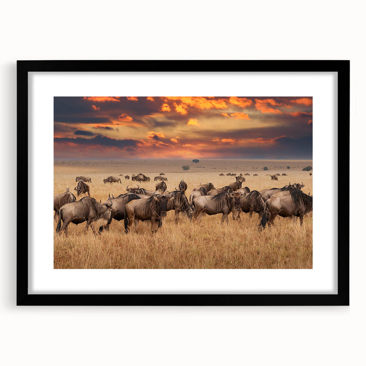 Colorful abstract art print featuring a textured depiction of a Tanzanian landscape, in an extra large black framed format.