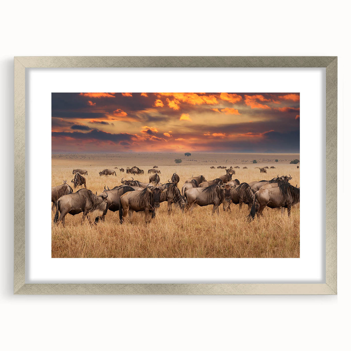 Extra large abstract art print of African scenery in silver frame, featuring textured earth tones.