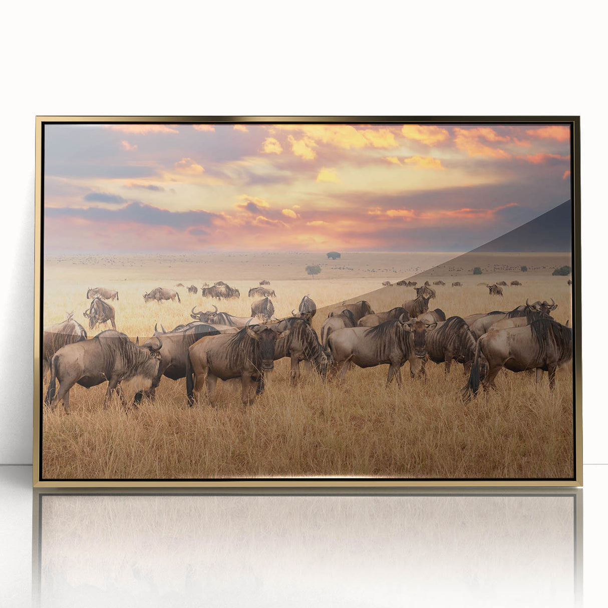 Framed acrylic print of a Tanzanian landscape in muted earth tones, ideal for modern art wall decor.