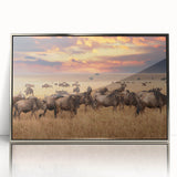 Mid-century modernist art of Tanzania scenery in muted earth tones, acrylic print in a silver frame.