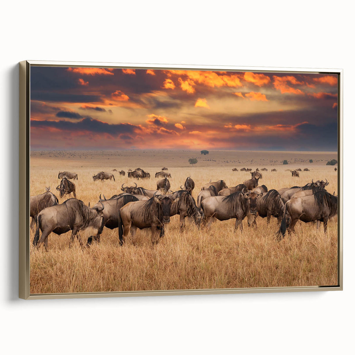 Framed canvas wall art featuring a serene Tanzanian landscape in muted earth tones, suitable for bedroom decor.
