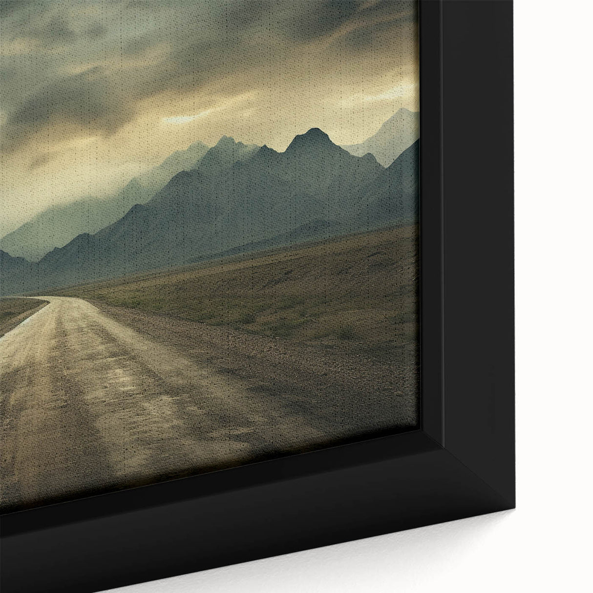 Extra large framed canvas featuring a textured depiction of an Asian landscape in black with colorful accents.