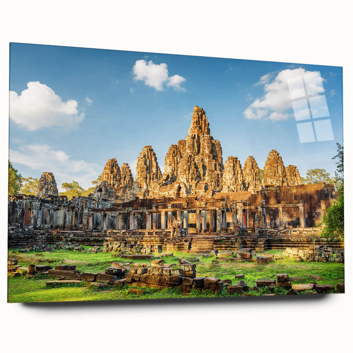 Large abstract wall art of a Cambodian landscape in muted earth tones on acrylic glass.