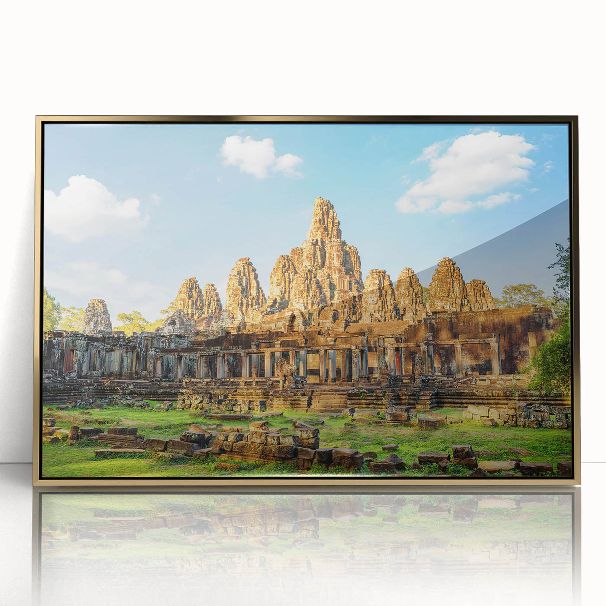 Framed acrylic print of a Cambodian landscape in muted earth tones, ideal for modern art wall decor.