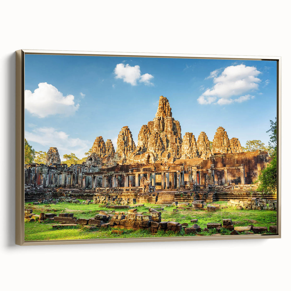 Framed canvas landscape painting of a Cambodian scenery in muted gold and black tones, suitable for bedroom wall art.