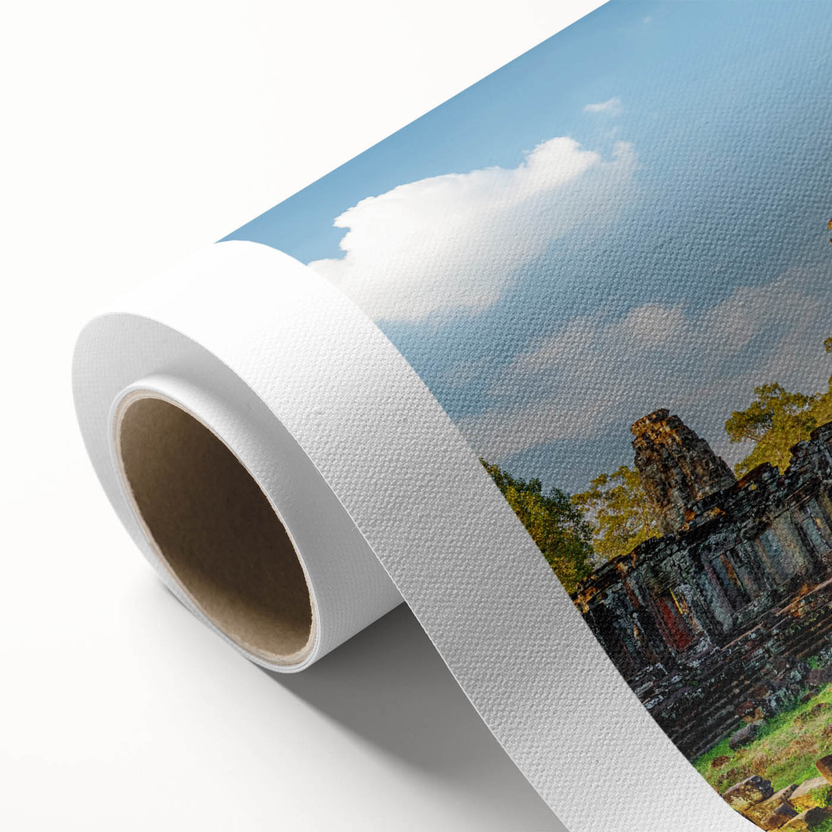 Art Deco poster of a Cambodian landscape on rolled canvas, featuring muted earth tones.
