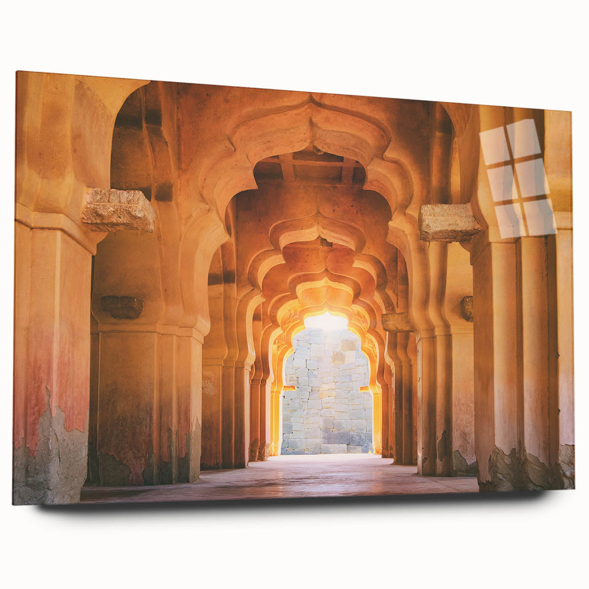 Large abstract acrylic print depicting a colorful Indian landscape, ideal for bedroom or dining room art.