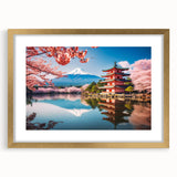 Extra large abstract art print of a Kyoto scenery in muted gold and earth tones, framed with a golden mat.