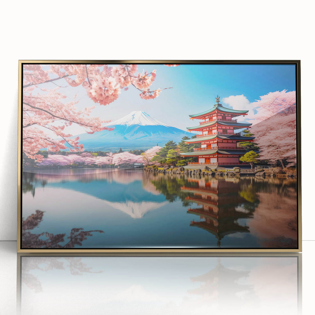 Large art print of a Kyoto scenery in muted gold and green hues on framed acrylic, ideal for modern art wall decor.