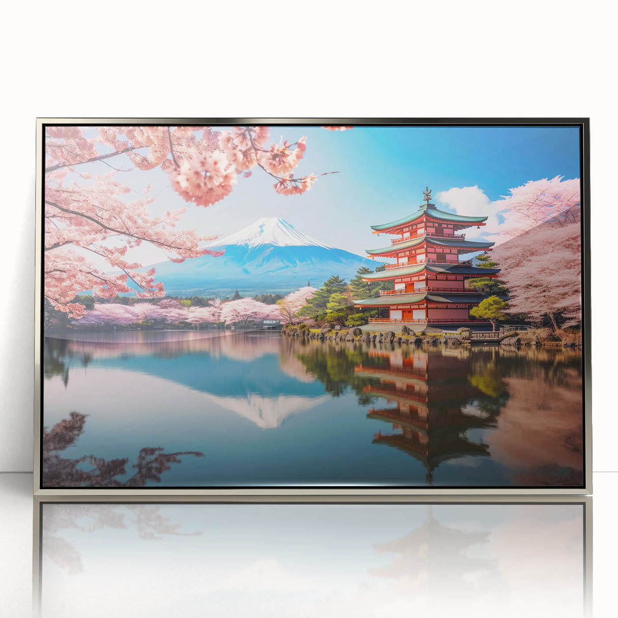 Mid-century modernist art depicting Kyoto scenery in muted earth tones on a framed acrylic print.