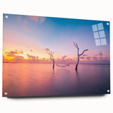 Acrylic print of a large abstract depiction of Maldivian scenery in cool blue and green tones.