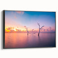 Black and white framed canvas of a Maldivian landscape, ideal for bedroom wall art.