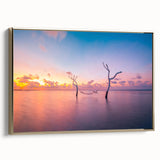 Framed canvas wall art depicting a serene Maldivian landscape in muted blues and greens, ideal for bedroom decor.