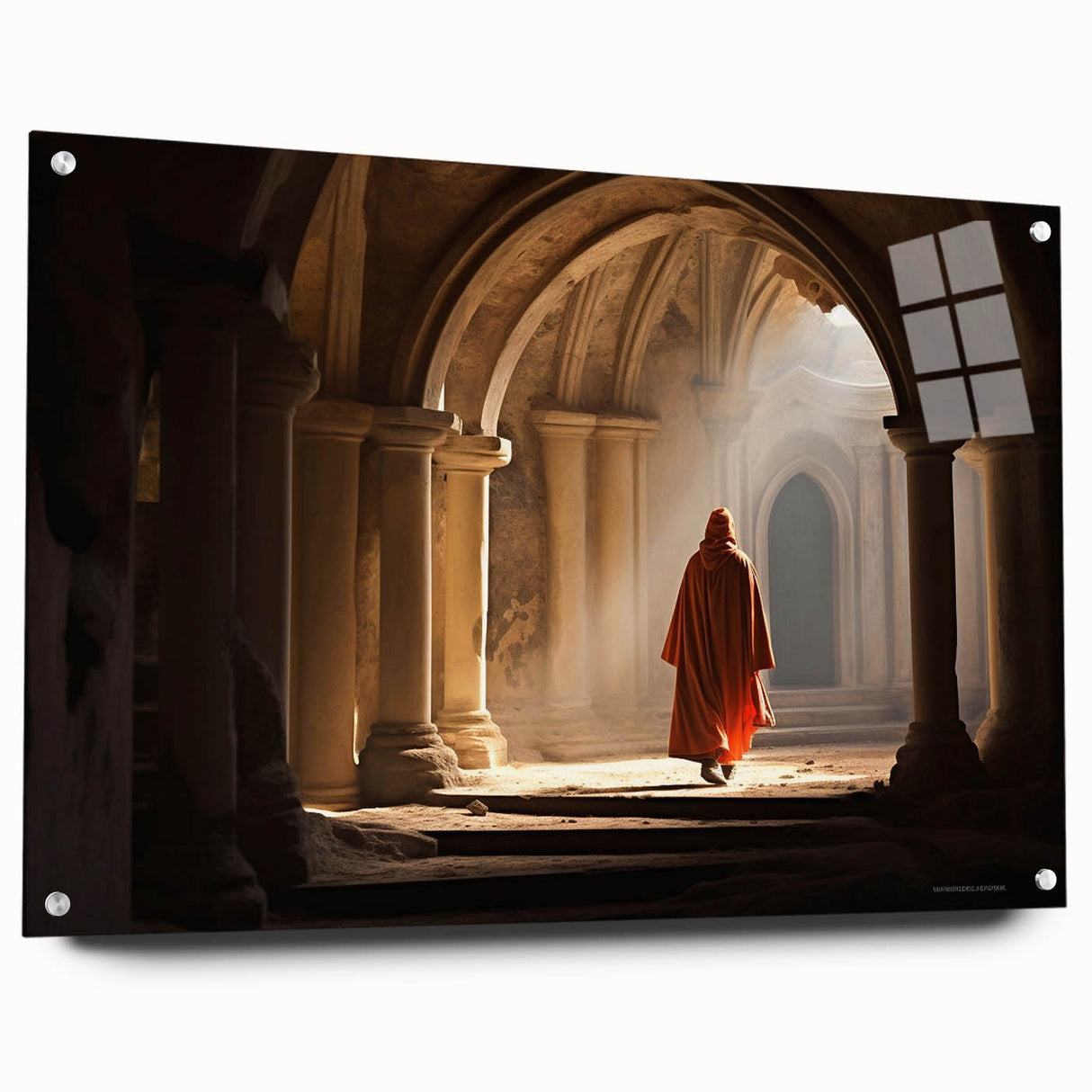 Large abstract wall art depicting a Mongolian landscape in muted earth tones on acrylic glass.