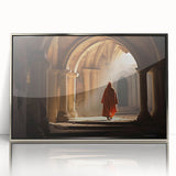 Mid-century modernist art depicting a serene Mongolian landscape in soft earth tones on a framed acrylic panel.