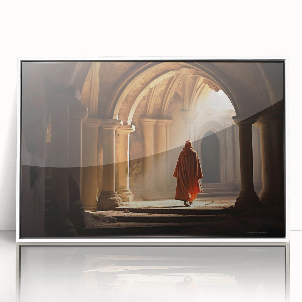 Acrylic print of a Mongolian landscape in muted earth tones, framed in white, ideal for modern art wall decor.