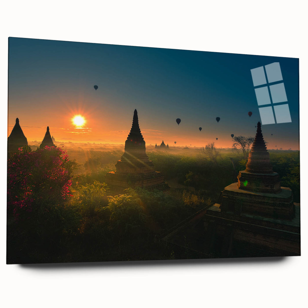 Large abstract wall art depicting a Myanmar landscape in muted earth tones on acrylic glass.
