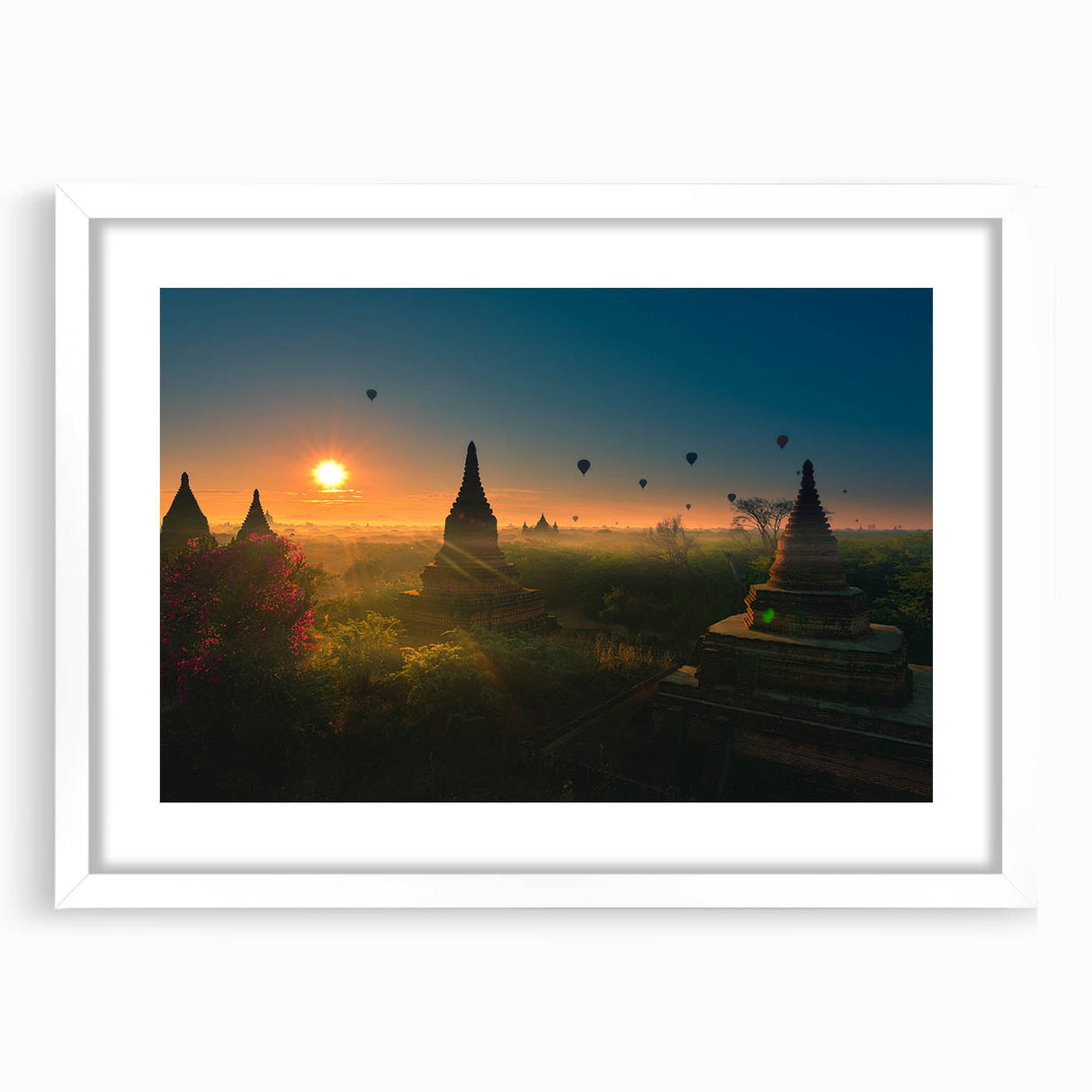 Abstract art print of a Myanmar landscape in muted earth tones on a white framed canvas, suitable for dining room decor.