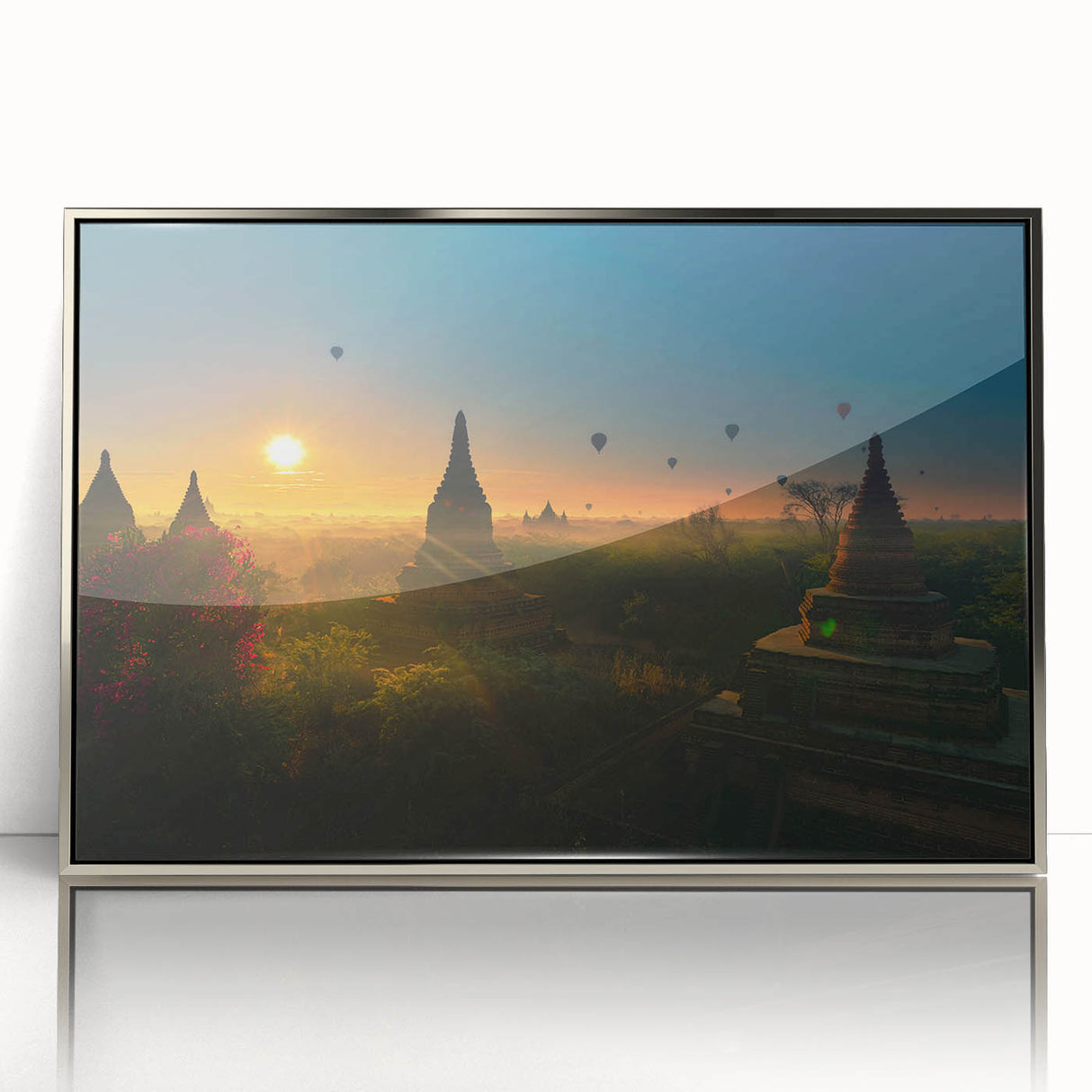 Mid-century modernist art of a Myanmar landscape in muted earth tones on a silver-framed acrylic print.