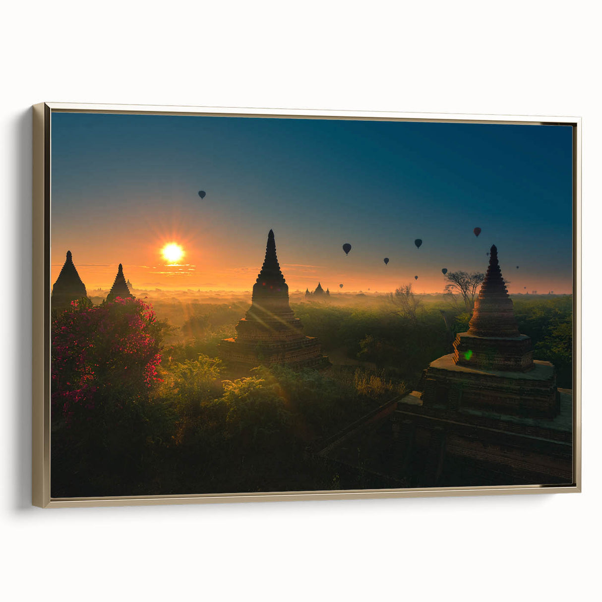 Framed canvas featuring a vintage-style landscape painting of a Myanmar scenery with muted gold and black tones.