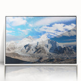 Art deco poster featuring a serene Nepalese landscape in muted earth tones on a framed acrylic.