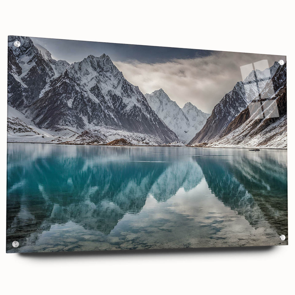 Large abstract wall art depicting a serene Pakistani landscape on acrylic glass, suitable for bedroom or dining room decor.