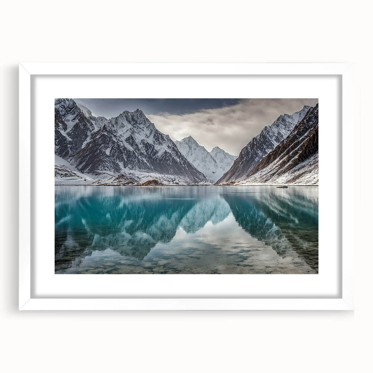 Abstract art print of a Pakistani landscape in muted earth tones on a white framed canvas, suitable for dining room decor.