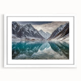 Abstract art print of a Pakistani landscape in muted earth tones on a white framed canvas, suitable for dining room decor.