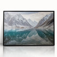 Large abstract wall art featuring a mid-century modernist design in cool blue tones, framed in black acrylic.