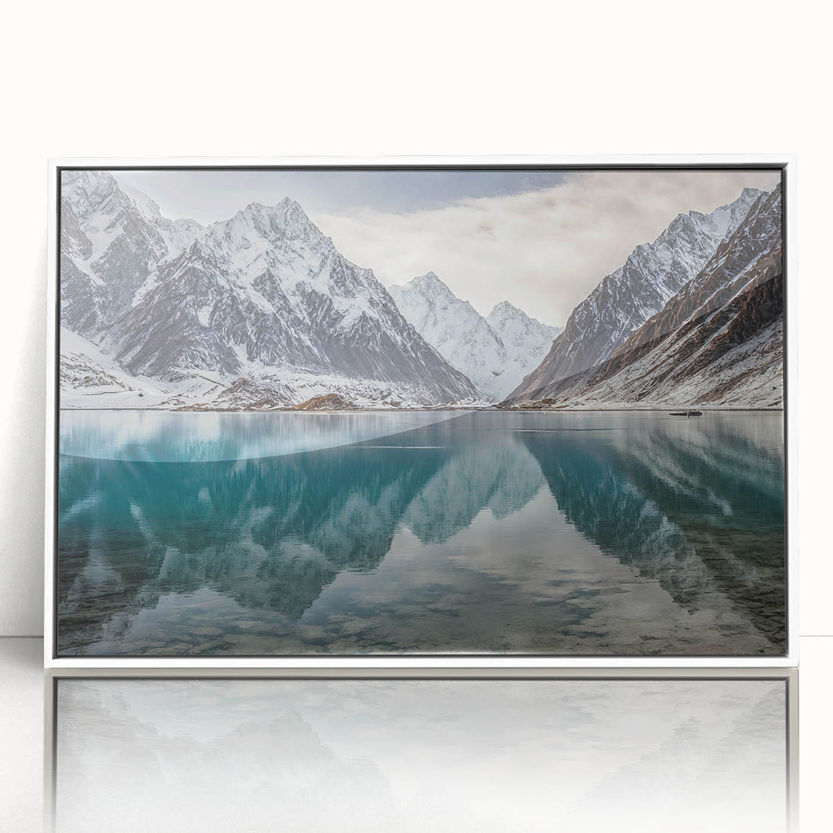 Art deco poster of a scenic Pakistani landscape in muted green and blue tones, framed acrylic.