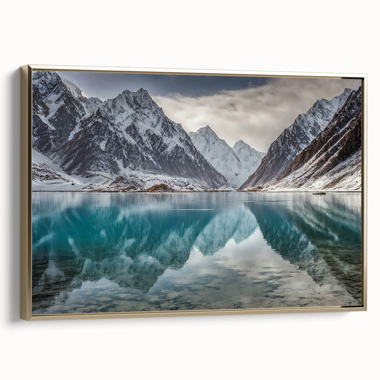 Framed canvas depicting a vintage-style landscape painting of a Pakistani scenery in muted gold and black tones.