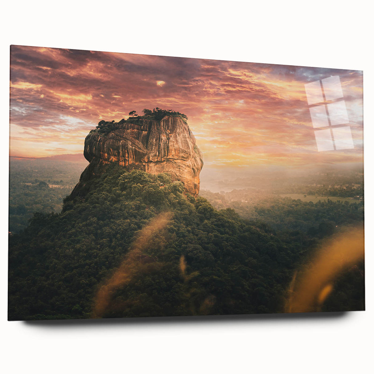 Large abstract wall art depicting a serene Sri Lankan landscape in soft blue and green tones on acrylic glass.