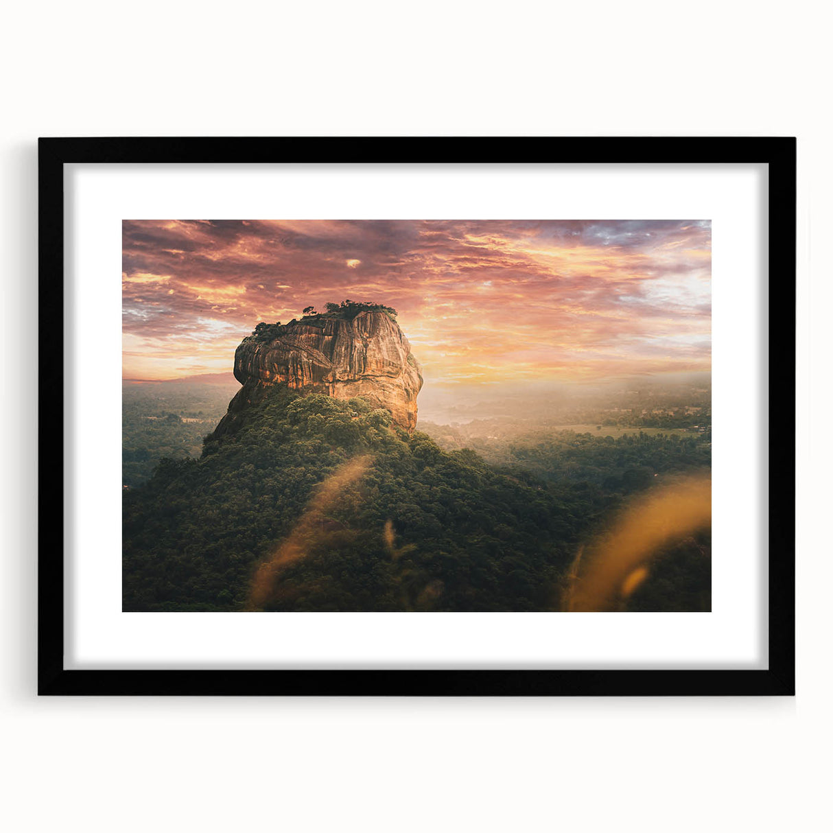 Extra large abstract art print of colorful, textured scenery of Sri Lanka in a black frame, suitable for living room decor.
