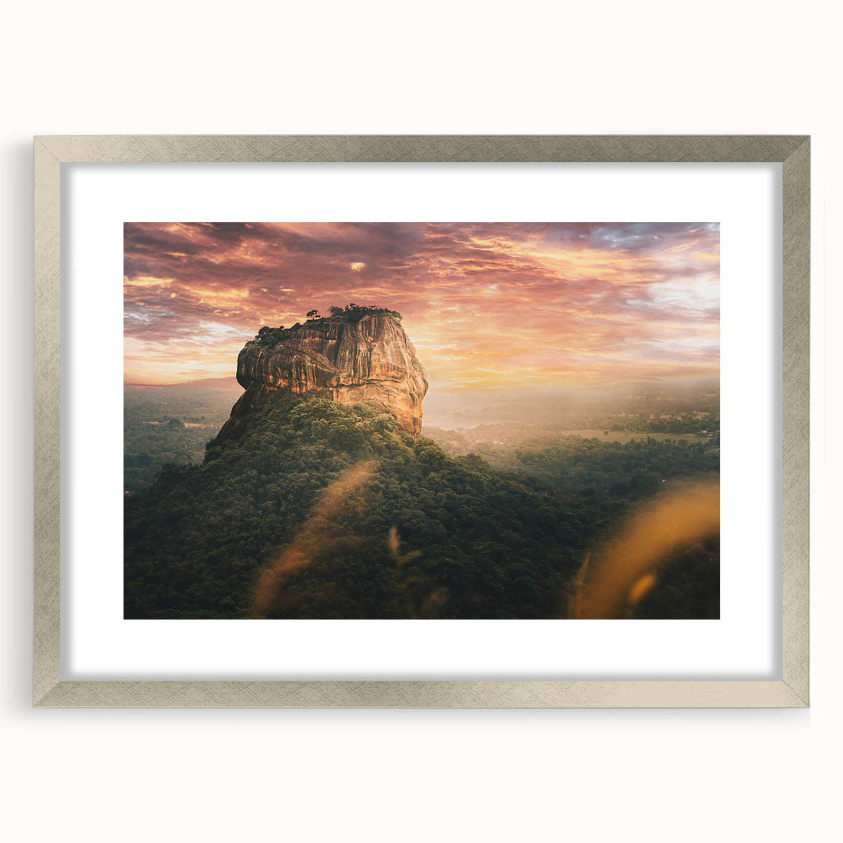 Textured abstract art print of Sri Lankan scenery in silver frame, suited for bedroom wall decor.