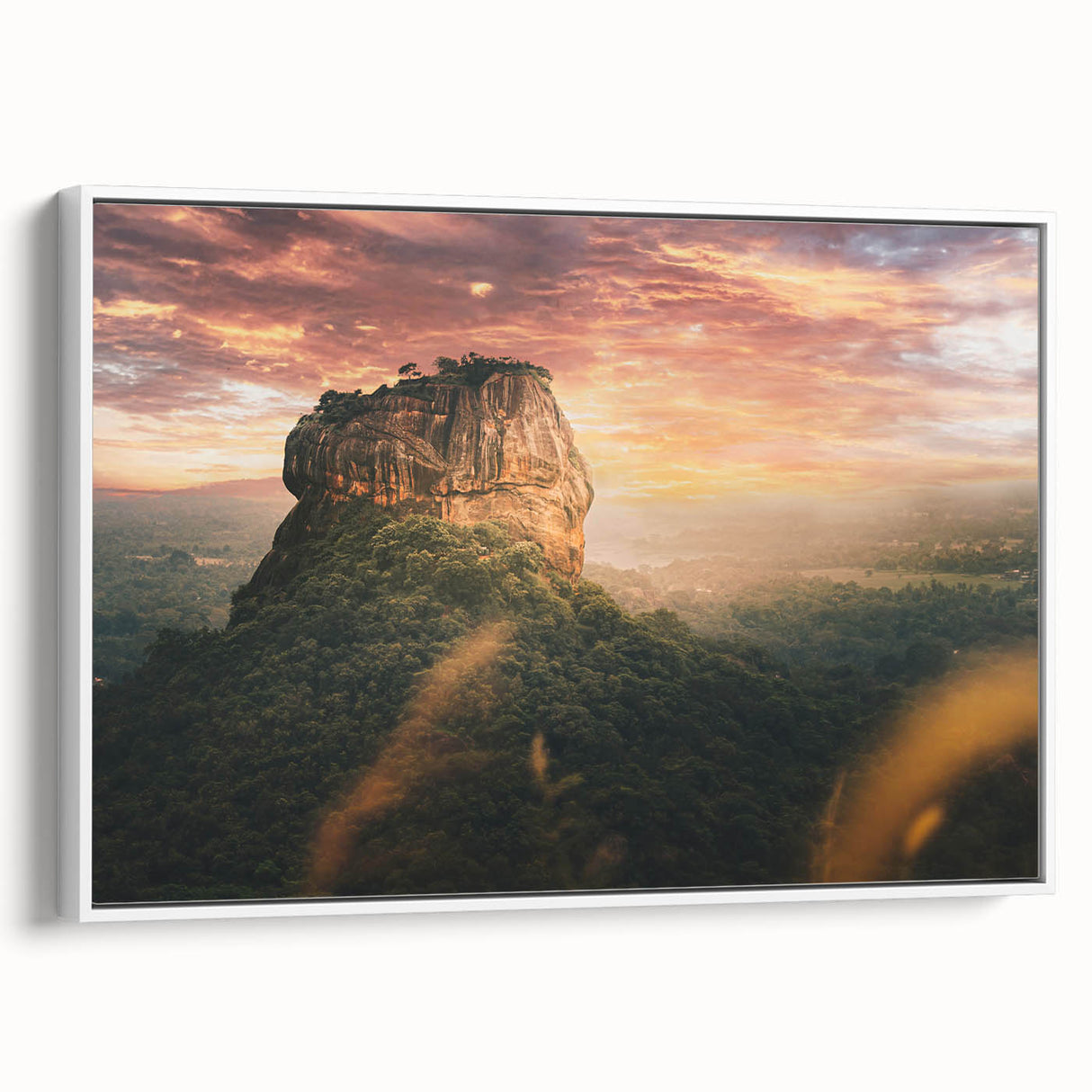 Vintage poster art of a Sri Lankan landscape on a framed canvas, featuring vibrant colors ideal for living room decor.