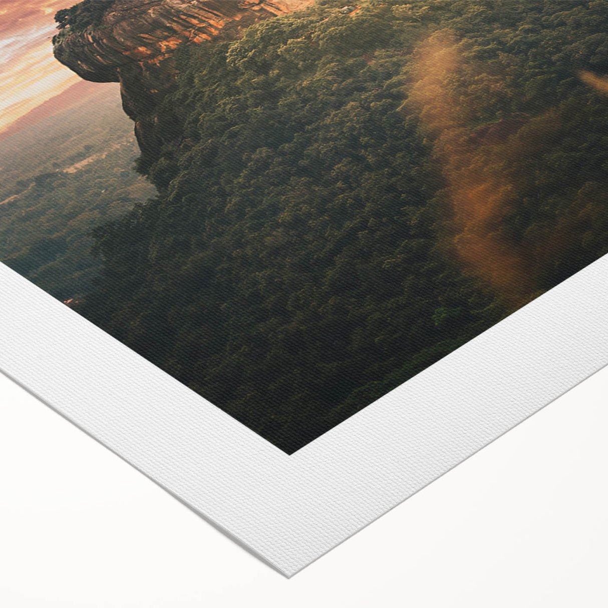 Art deco poster of a serene Sri Lankan landscape in muted green and blue tones, ideal for dining room wall art.