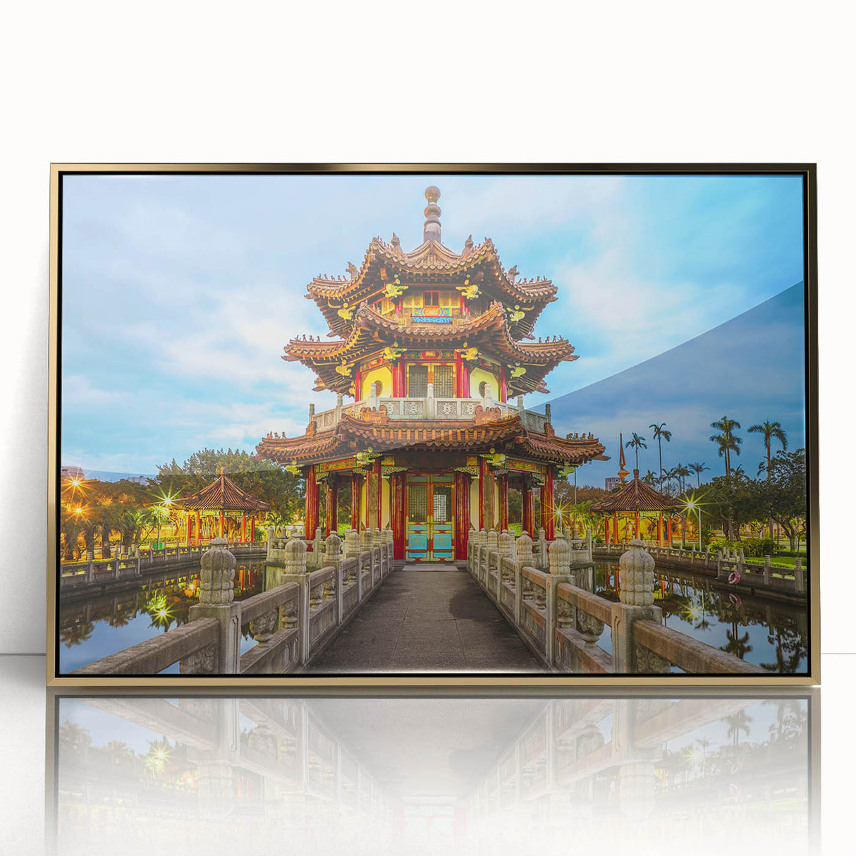 Framed acrylic print of a Taiwanese landscape in gold tones, ideal for modern art wall decor.