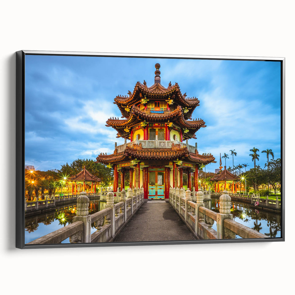 Black and white landscape art painting of a Taiwanese scenery on framed canvas, suited for bedroom decor.