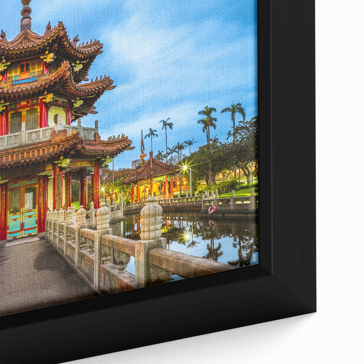 Extra large framed canvas of a textured, colorful Taiwanese landscape in black with vibrant accents.