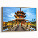 Framed canvas wall art depicting a vintage-style Taiwanese landscape in muted gold and black tones, ideal for bedroom decor.
