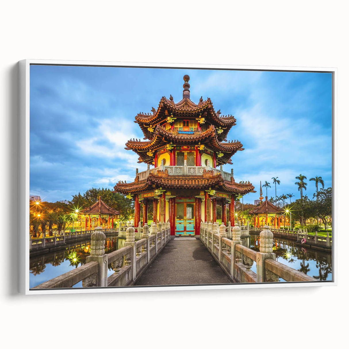 Vintage poster art of a Taiwanese landscape on extra large framed canvas, featuring colorful art in black.