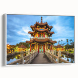 Vintage poster art of a Taiwanese landscape on extra large framed canvas, featuring colorful art in black.