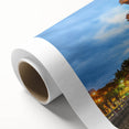 Art deco poster of Taiwan scenery on rolled canvas, featuring muted green and blue tones, ideal for nursery wall art.