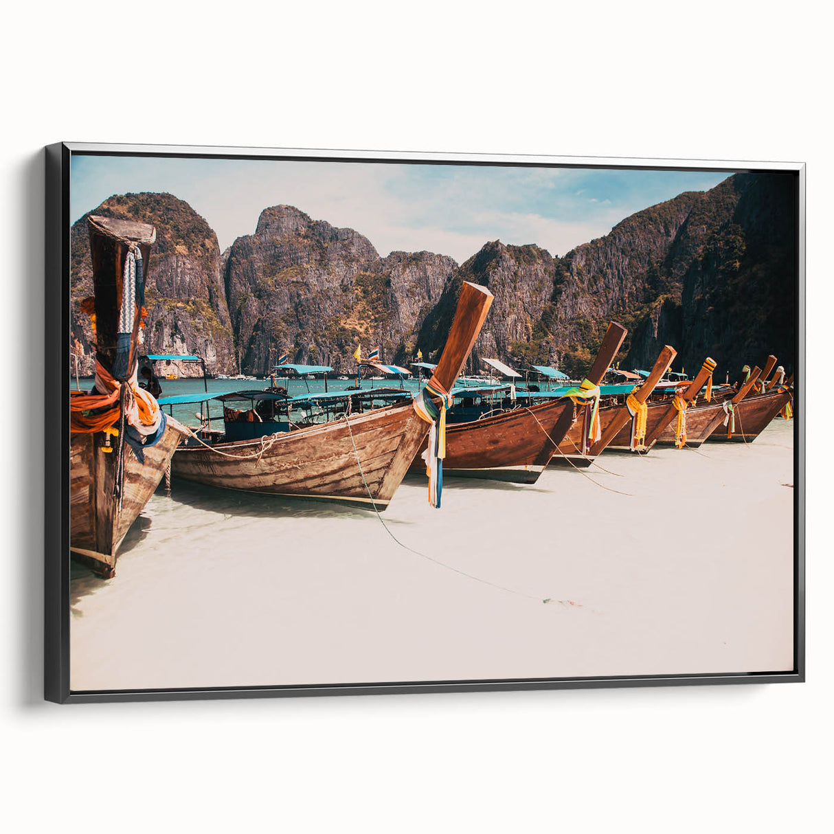 Black and white framed canvas of a Thai landscape, featuring vintage poster art style, ideal for bedroom decor.