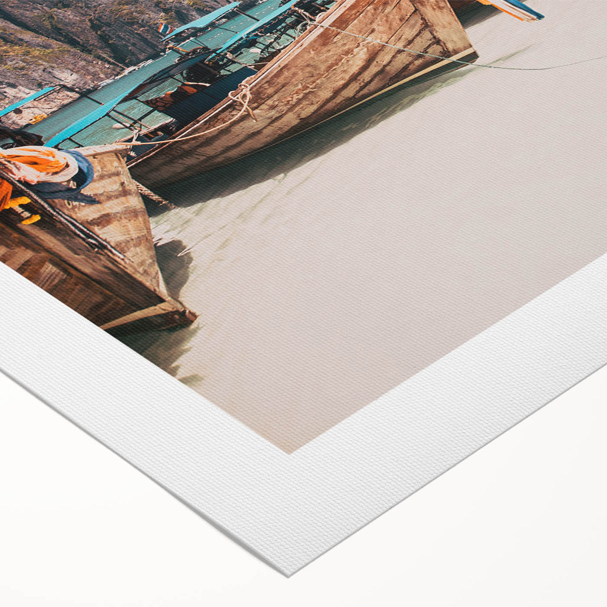 Art deco poster featuring a serene Thai landscape in muted green and blue tones on rolled canvas.