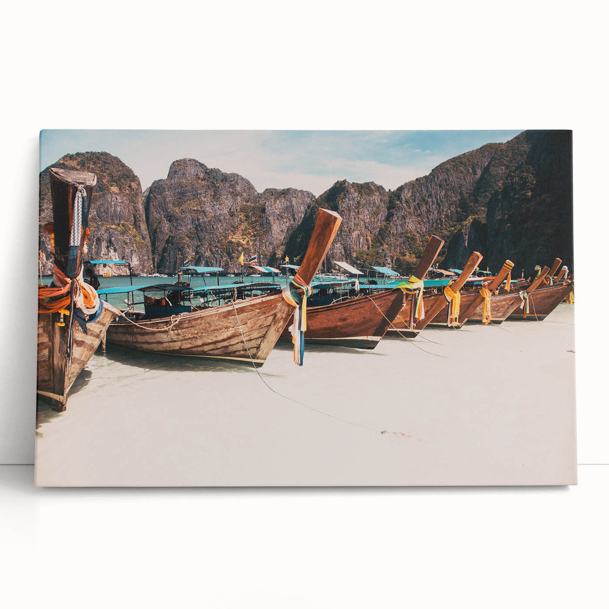 Large black and white stretched canvas depicting a serene Thai landscape, ideal for kitchen wall art or bedroom decor.