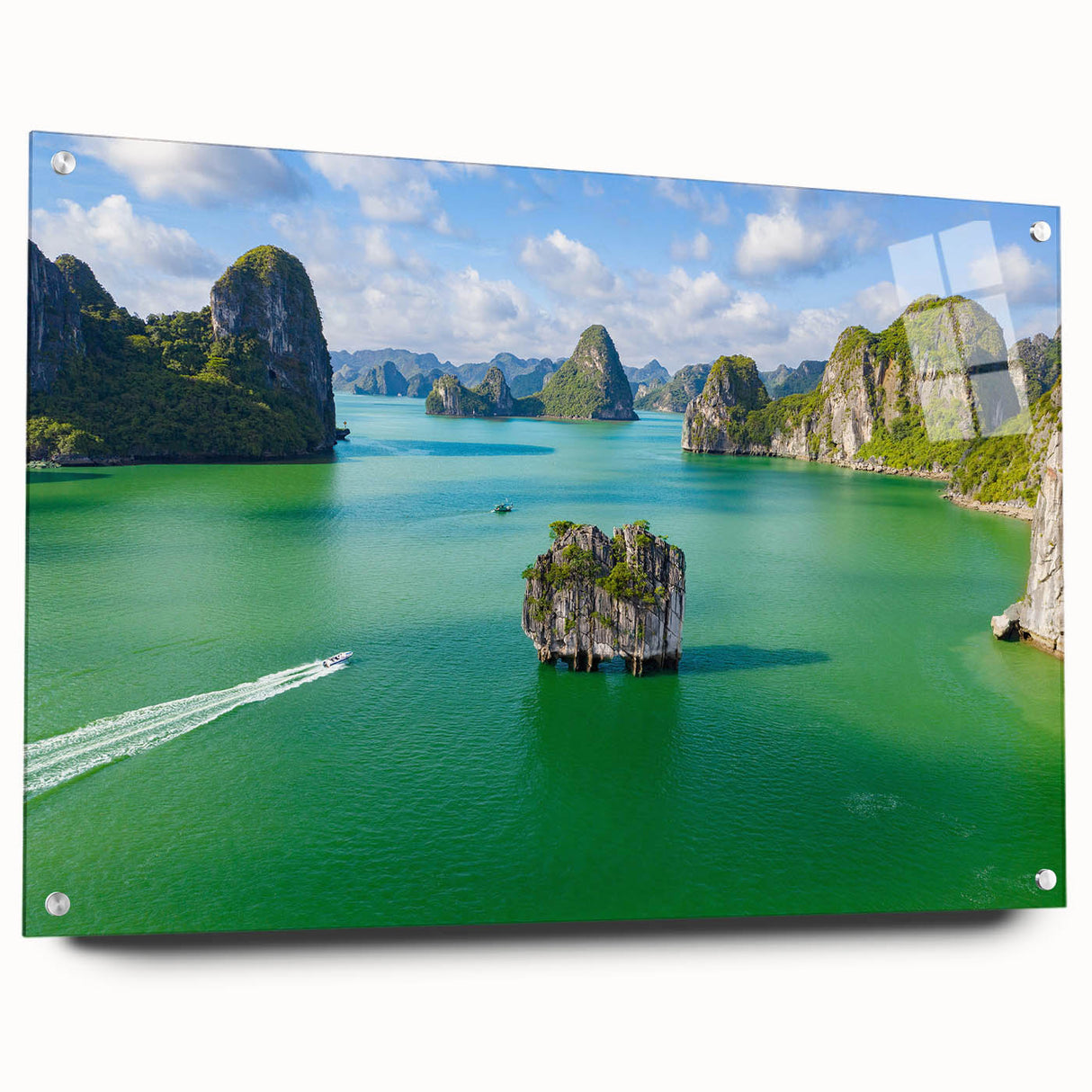 Acrylic print of a Vietnamese landscape in muted greens and blues, ideal for dining room decor.