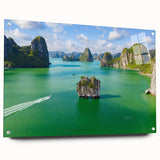 Acrylic print of a Vietnamese landscape in muted greens and blues, ideal for dining room decor.